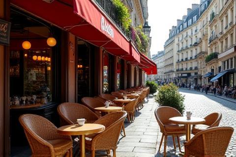 Classic Parisian cafe scene on a cobbled street.