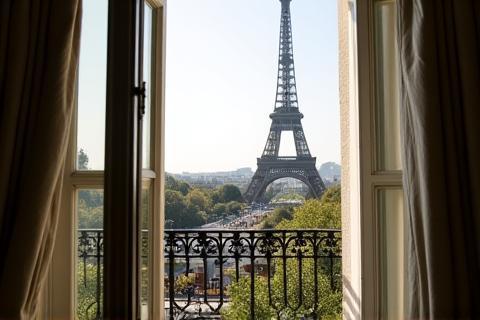 View of Eiffel Tower from a classic Parisian apartment balcony.